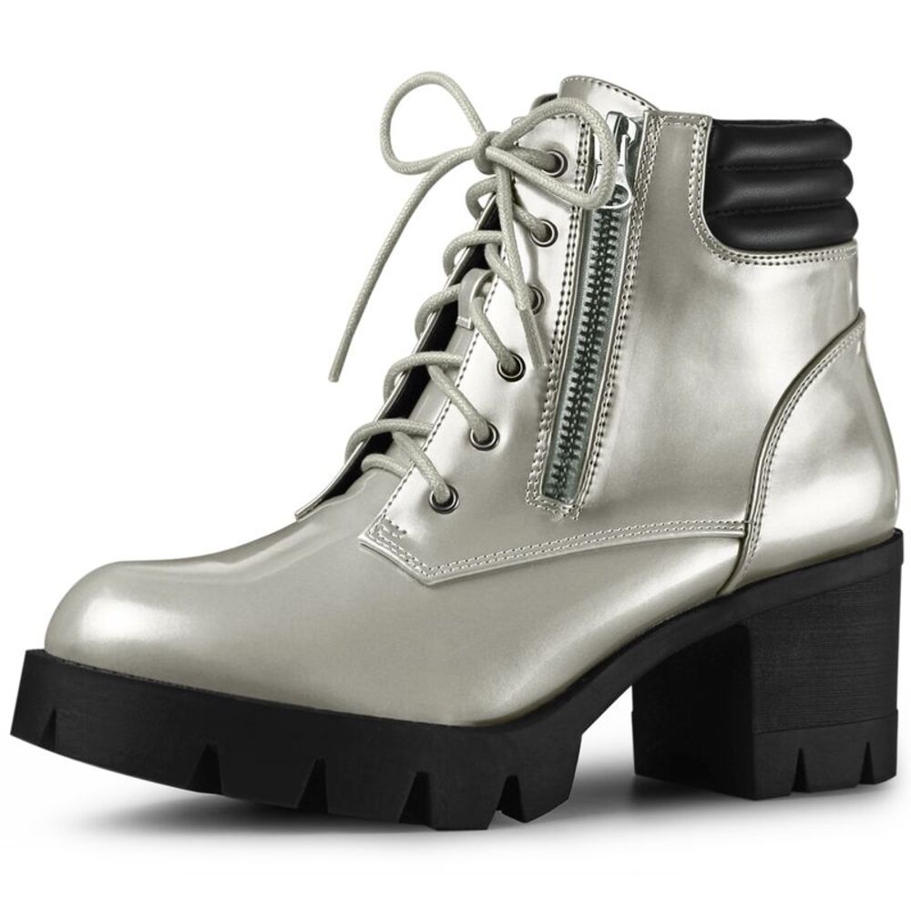Platform Ankle Boots Lace Up Chunky Heel Silver Combat Boots